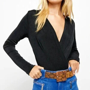NWT Free People “turnt” long sleeve black  slinky v neck sleek bodysuit XS
